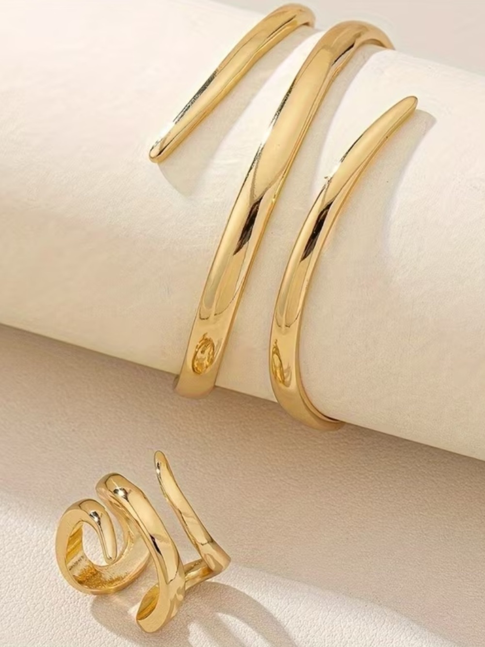 Gold Spiral Open Cuff Bracelet and Ring Set - Picture 3 of 5